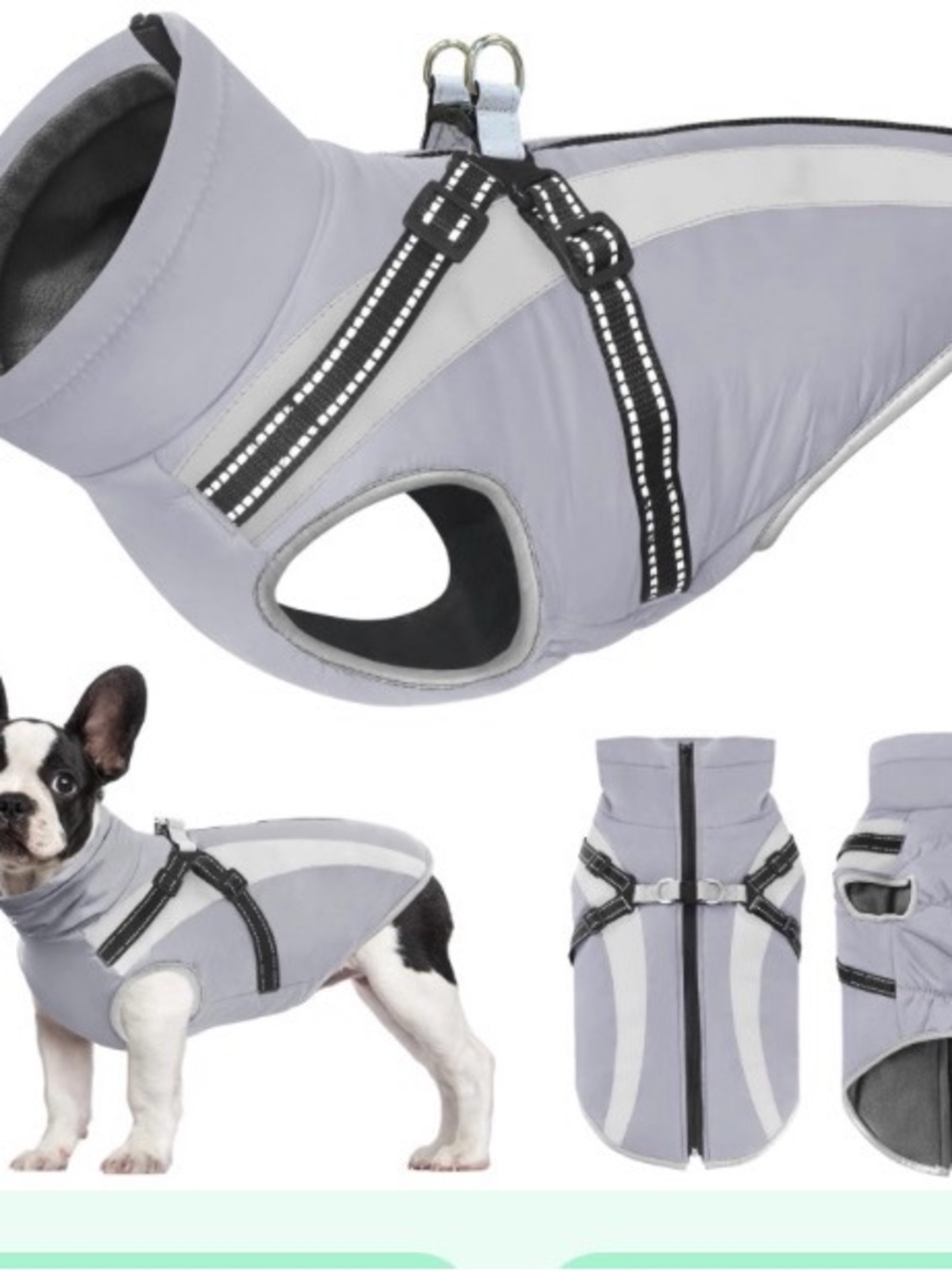 Small Reflective Light Gray Puffer Dog Harness Vest with Dual Leash Rings